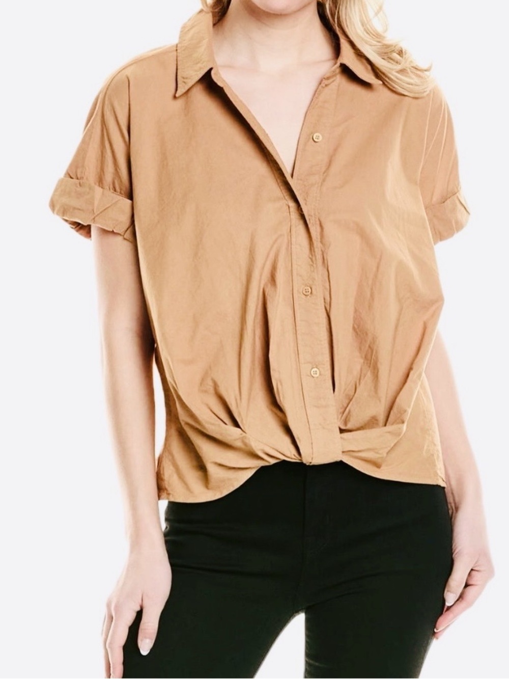STATESIDE VOILE SHORT SLEEVE FRONT TWIST SHIRT IN TAN SIZE SMALL